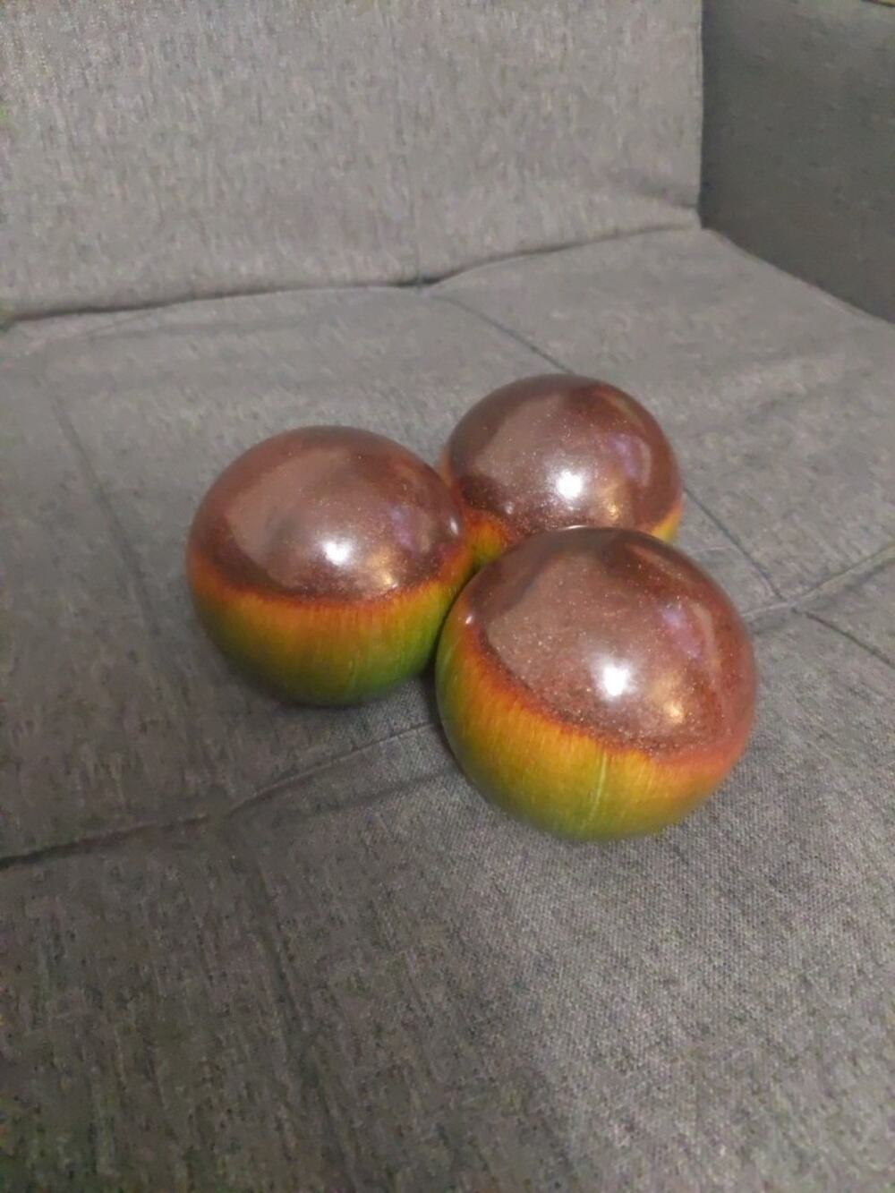 Decorative Ceramic 4in Spheres Green Tan Brown Set Of 3 With Light Sparkles